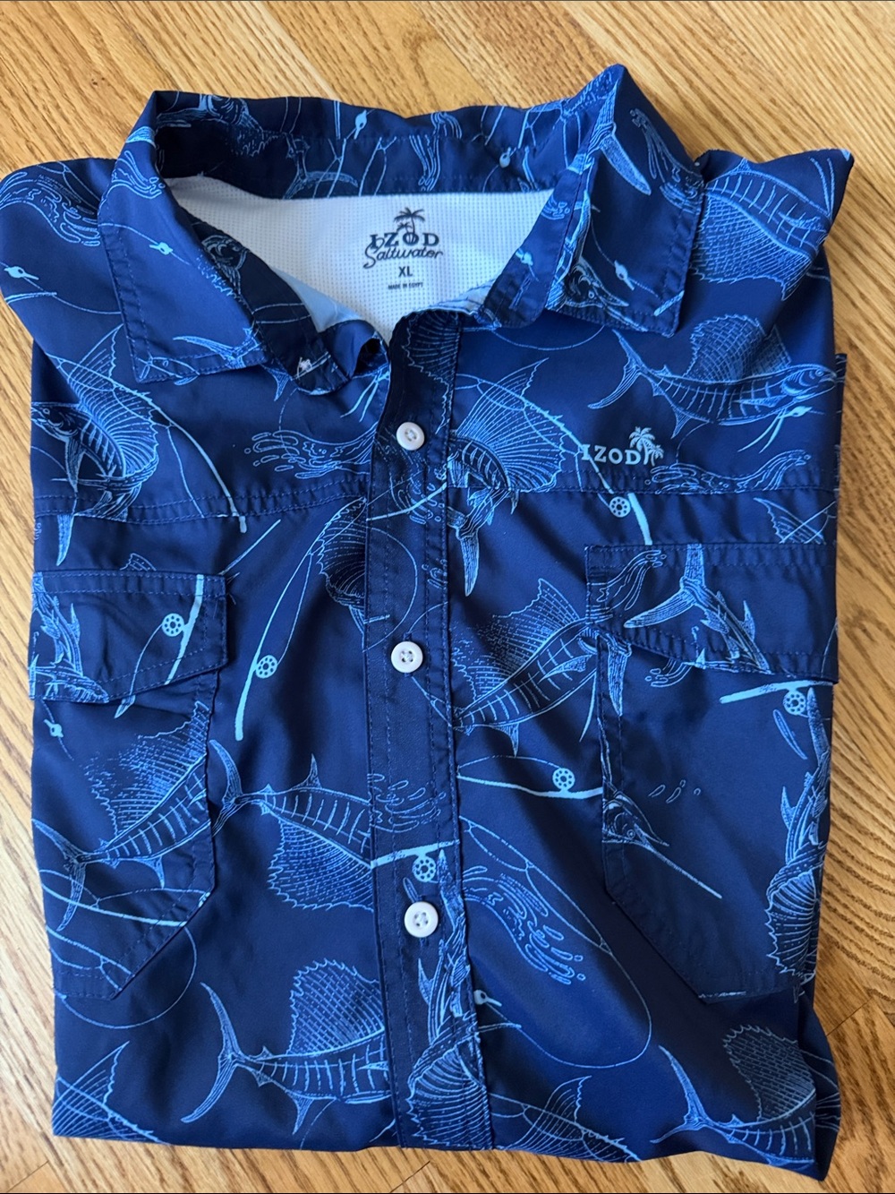 Izod Saltwater Men’s Navy Blue Marlin Print Short-Sleeve Button Down Shirt XL
